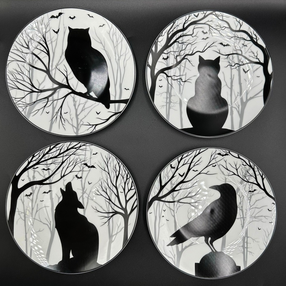 Lenox Haunted Woods 4 Piece Accent Plate Set 8in Open Box Halloween Raven Wolf